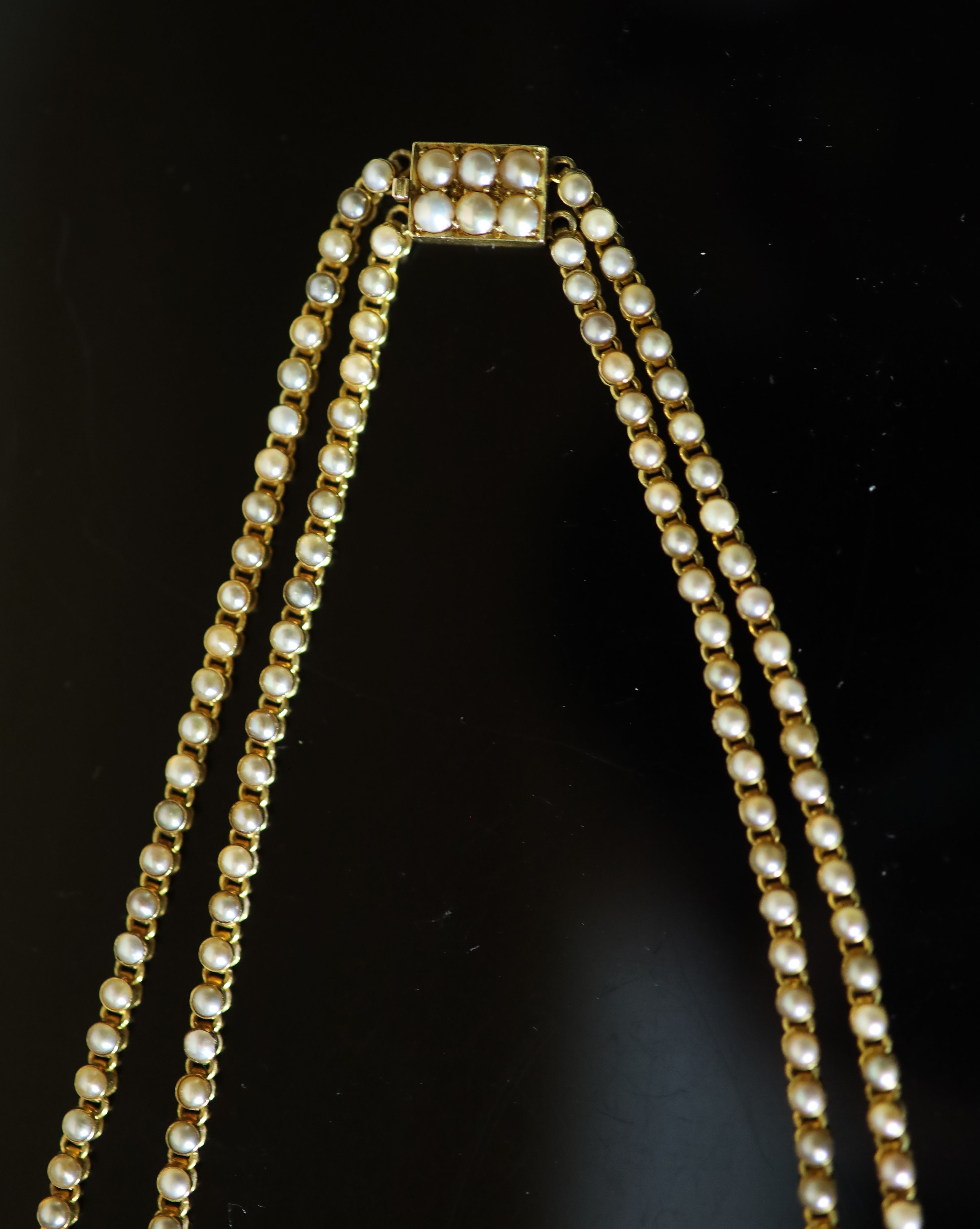 A good Victorian 15ct gold, pearl and diamond set drop pendant/brooch necklace,